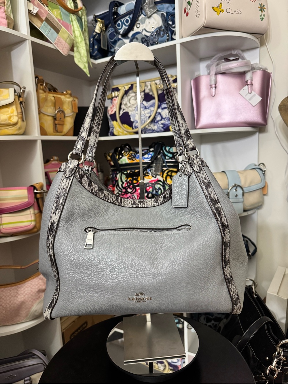 Coach Kristy Light Gray Pebbled Leather Hobo with Snake-Trim